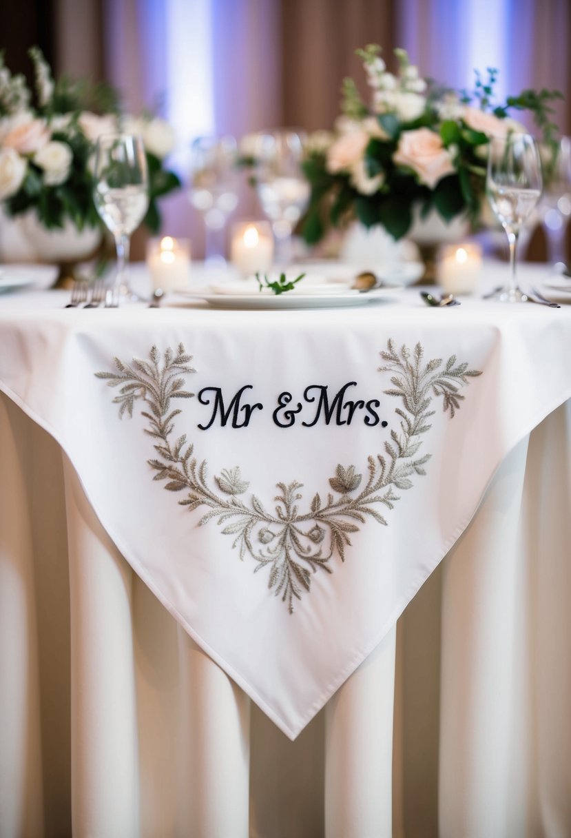 A white tablecloth with intricate embroidery, featuring the initials "Mr & Mrs", drapes elegantly over a wedding reception table adorned with delicate floral centerpieces