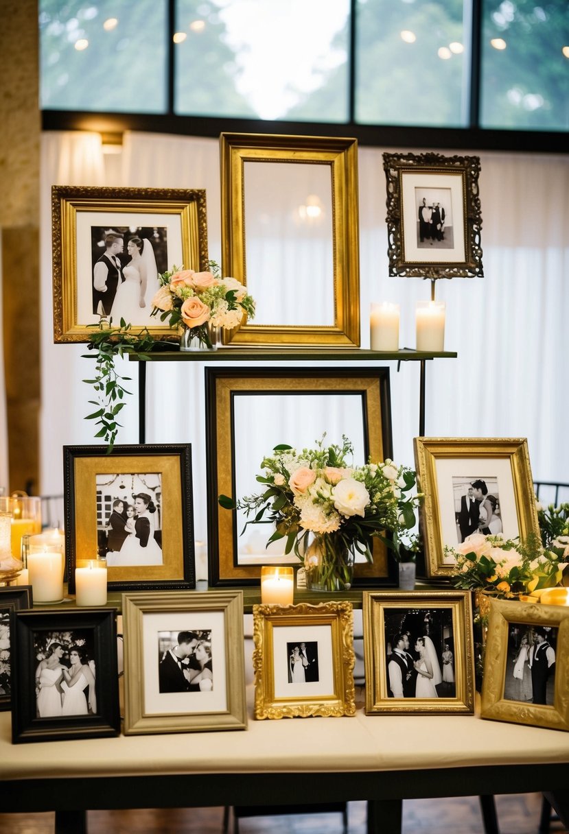 Vintage frames of various sizes and styles arranged on a table, each displaying a different black and white photo. Flowers and candles add to the eclectic wedding decor