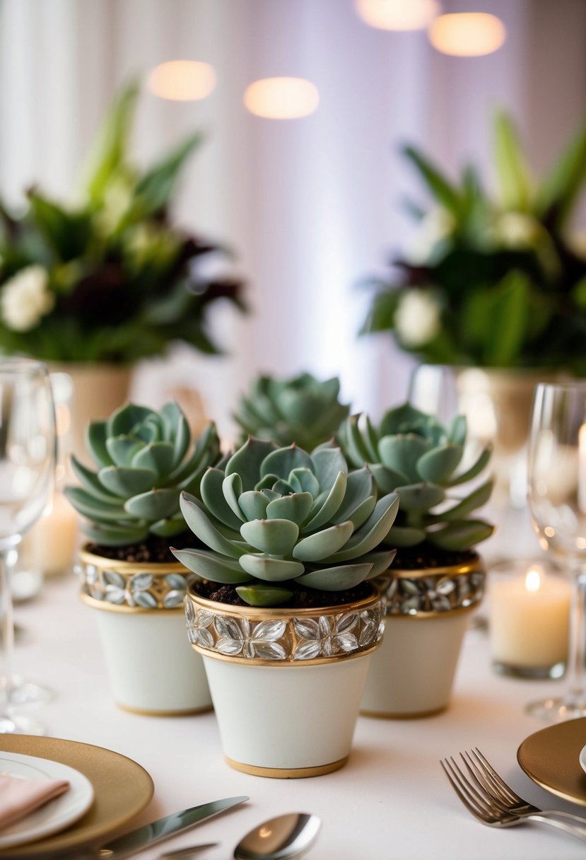 Mini succulents arranged in decorative pots, placed on a table with elegant place settings for a wedding reception