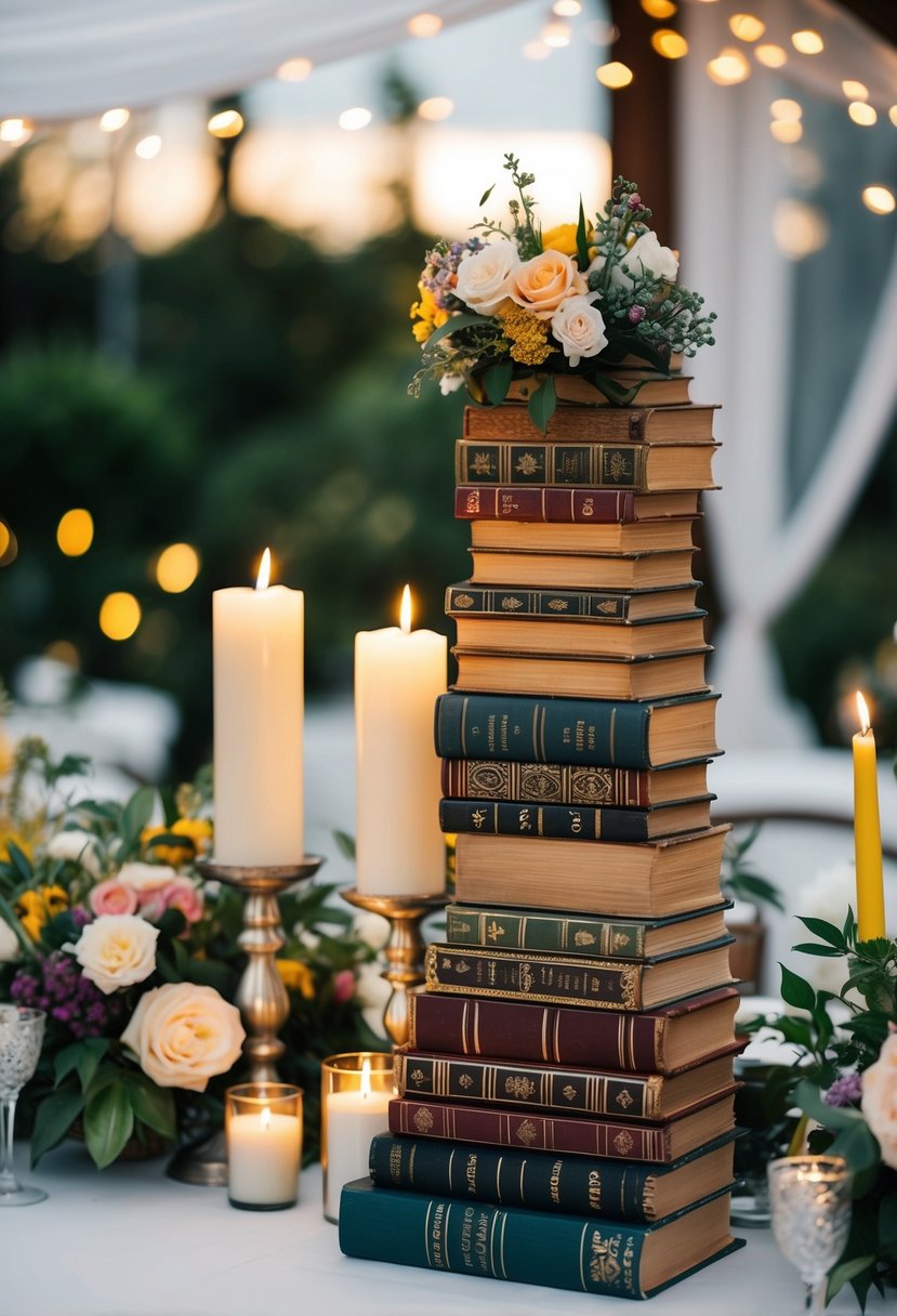 Vintage books stacked in various heights, adorned with flowers and candles, create an eclectic wedding table centerpiece