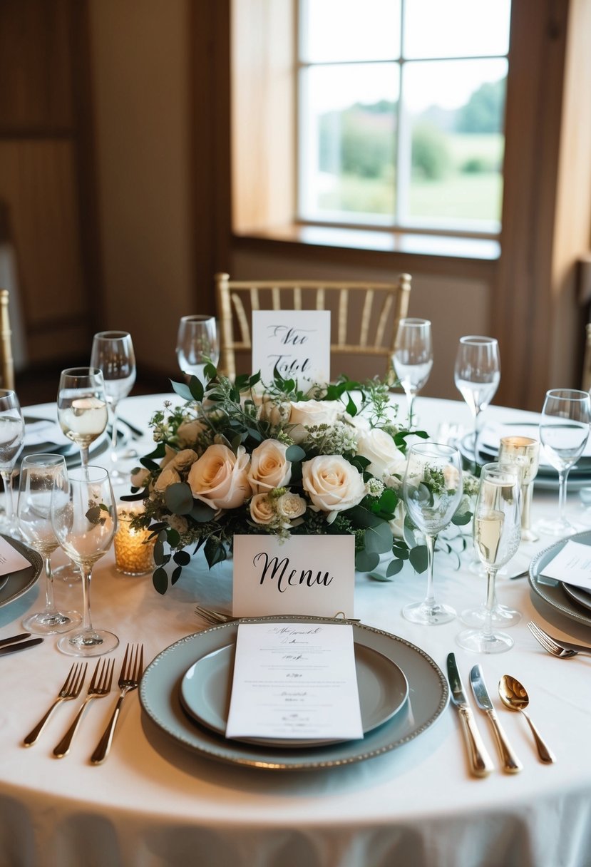 A beautifully decorated wedding table with bespoke menu cards and elegant table settings