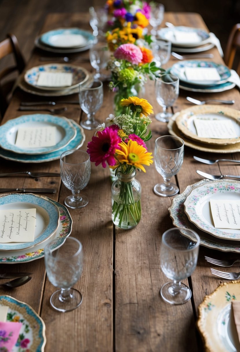 A rustic wooden table adorned with mismatched vintage plates, colorful flowers, and handwritten notes tied to each place setting