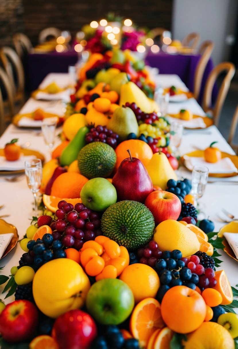 A colorful array of seasonal fruits arranged in a vibrant and eclectic wedding table centerpiece