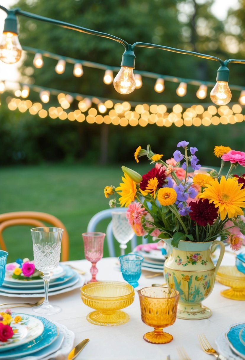 String lights hang over a table adorned with colorful flowers, mismatched china, and vintage glassware