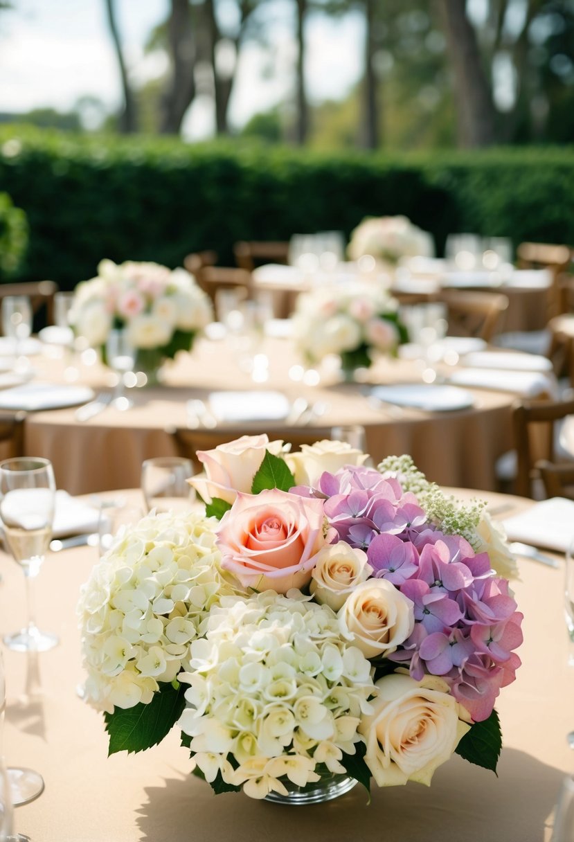 A table adorned with hydrangea and rose bouquets for a wedding centerpiece