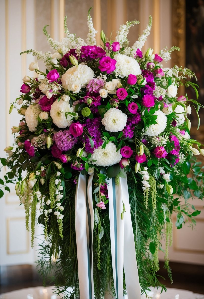 An opulent wedding bouquet overflowing with vibrant blooms and cascading greenery, accented with luxurious ribbons and sparkling jewels