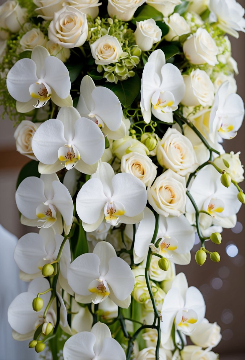 Cascading orchids and white roses interwoven in an opulent wedding bouquet