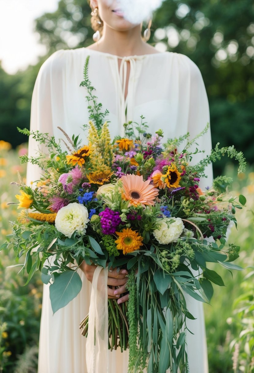 A lush, bohemian-inspired hand-tied bouquet bursting with vibrant wildflowers, cascading greenery, and delicate ribbons