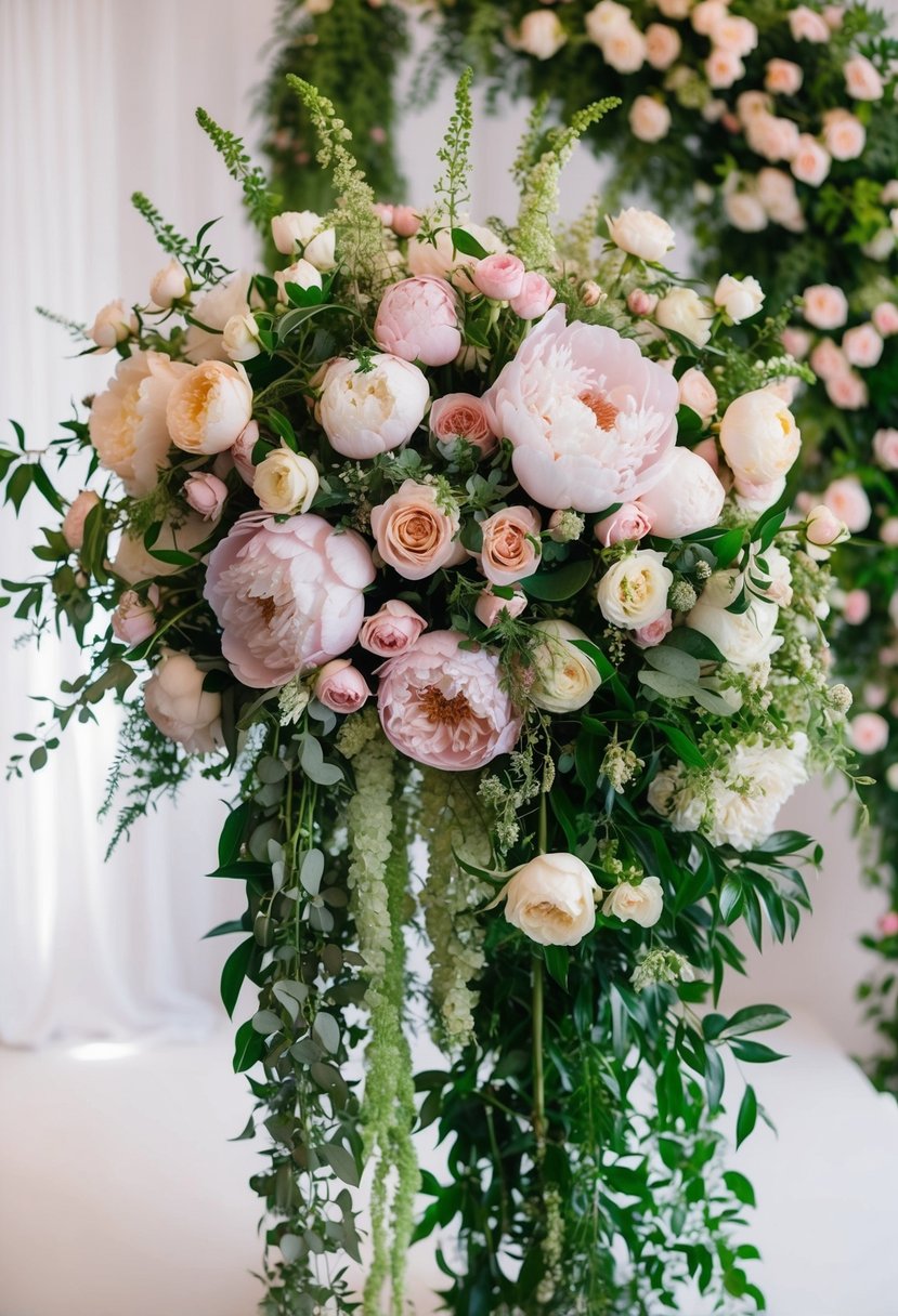 A lush, opulent bouquet of peonies and roses, intertwined with delicate greenery, cascading in a romantic and extravagant display