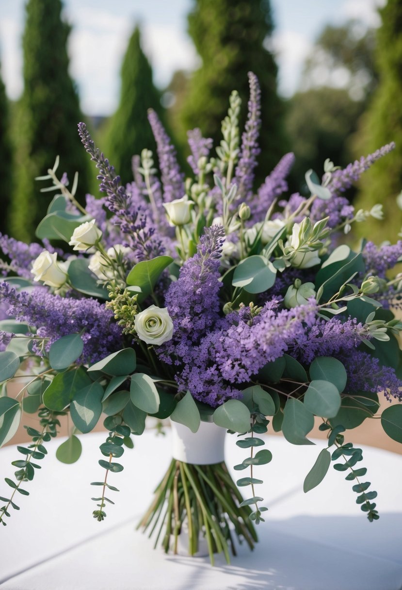 A lavish, fragrant bouquet of lavender and eucalyptus, with delicate purple and green hues intertwined in a cascading arrangement