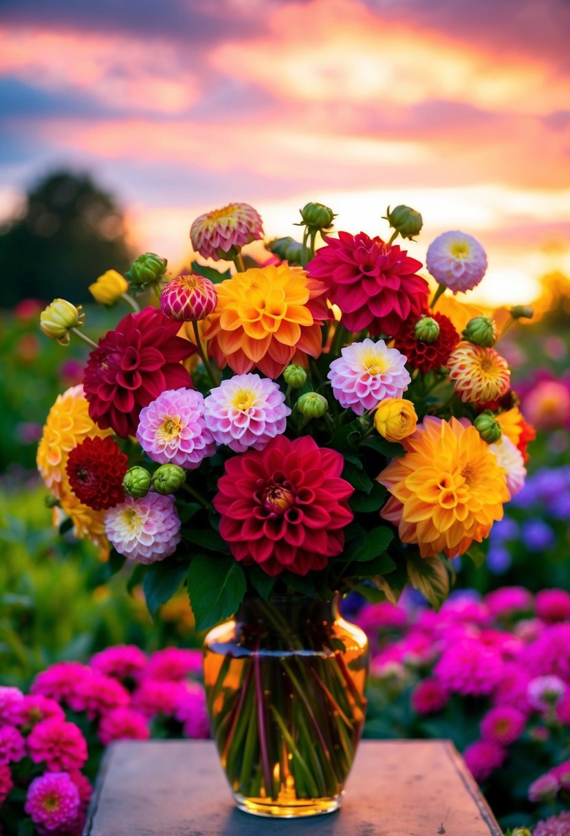 A lush bouquet of dahlias and zinnias in rich sunset hues