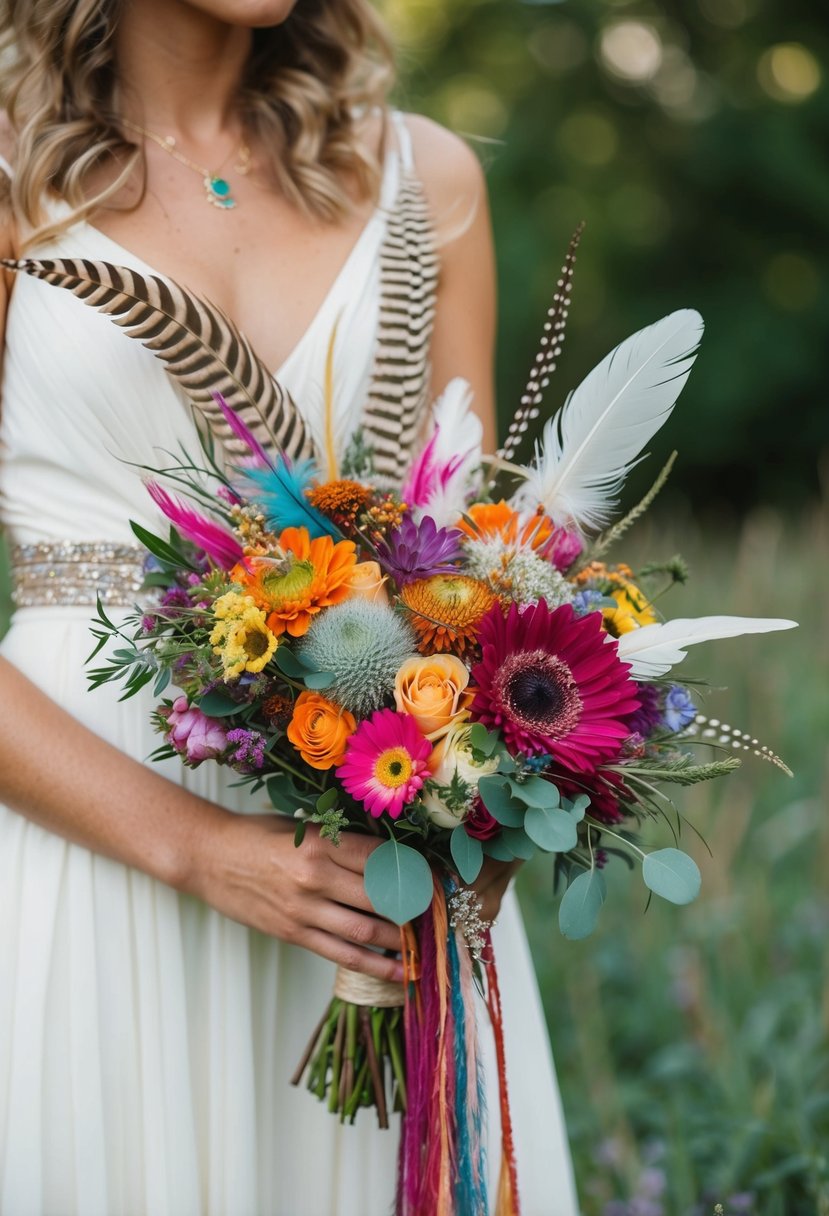 A colorful bohemian wedding bouquet with wildflowers and feathers