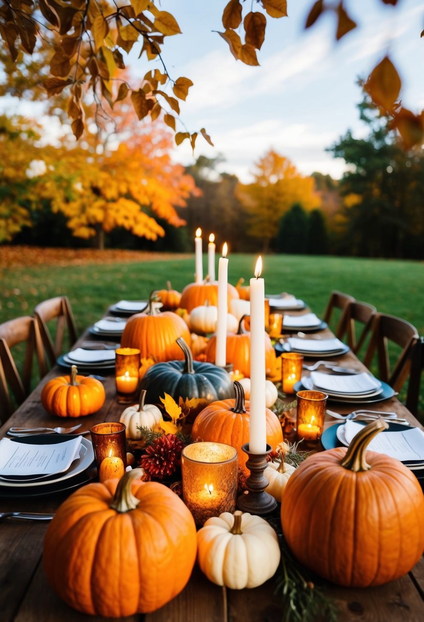 A rustic outdoor table adorned with pumpkins, candles, and autumn leaves for a fall wedding