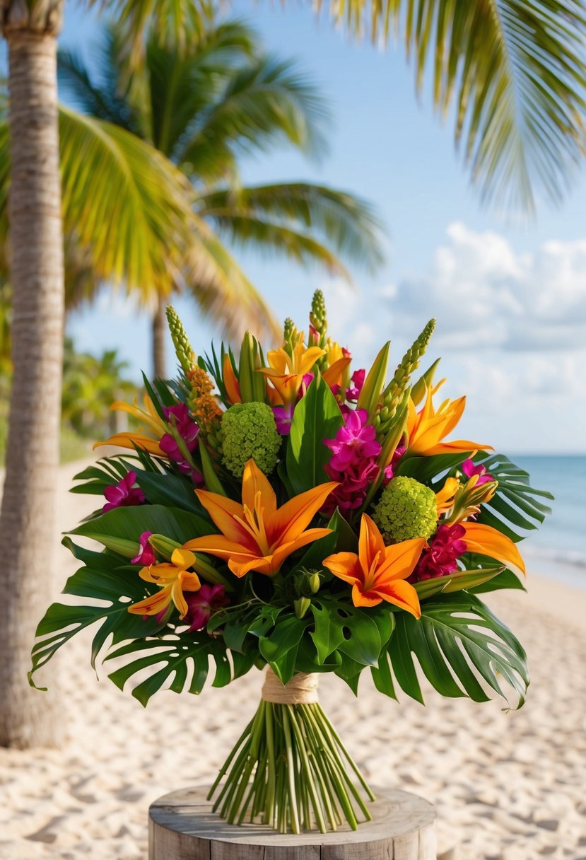 A vibrant tropical bouquet bursting with exotic flowers and lush greenery, set against a backdrop of sandy beaches and swaying palm trees