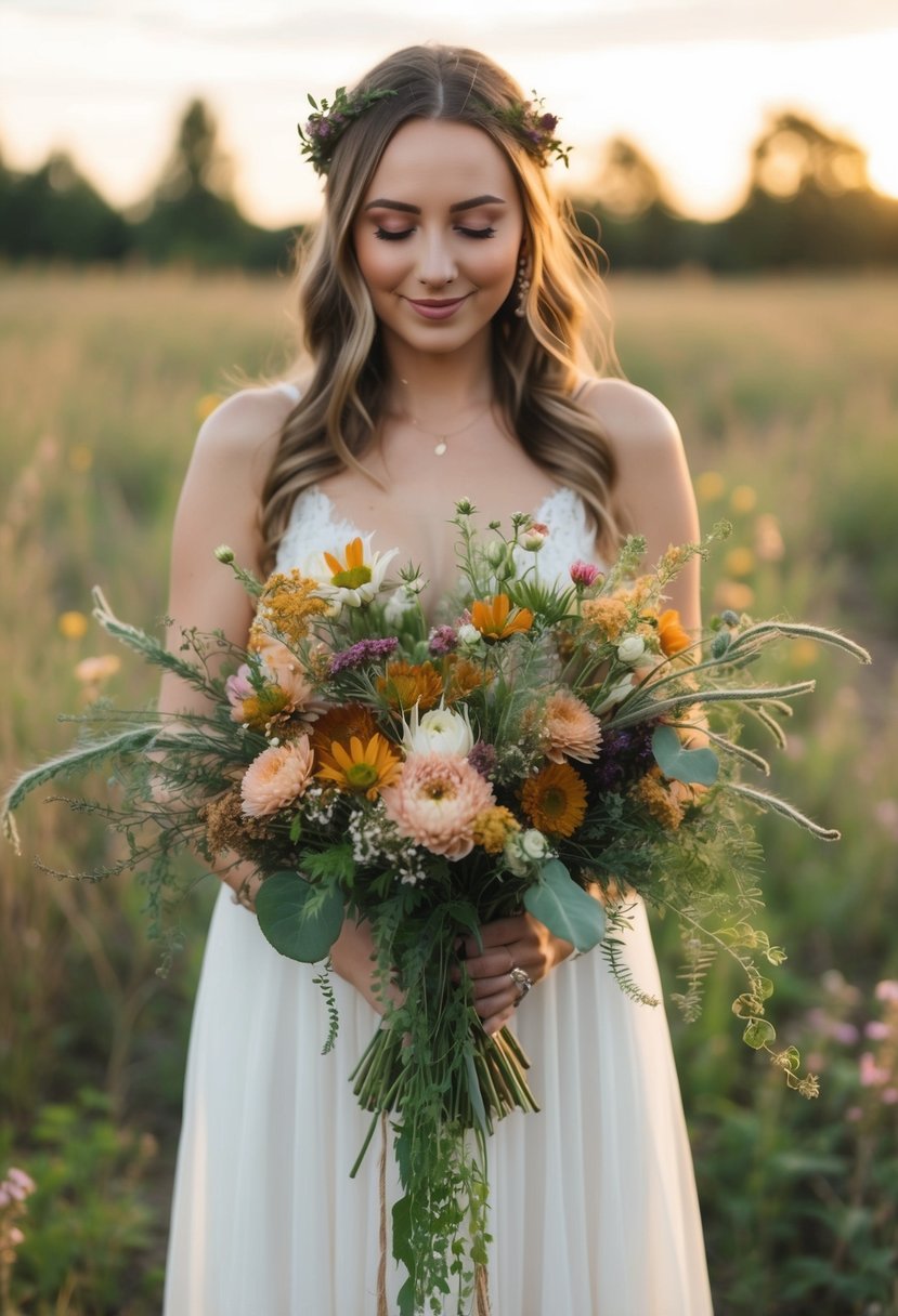 A boho wedding bouquet with warm sunset hues, featuring wildflowers and trailing greenery, arranged in a rustic, hand-tied style