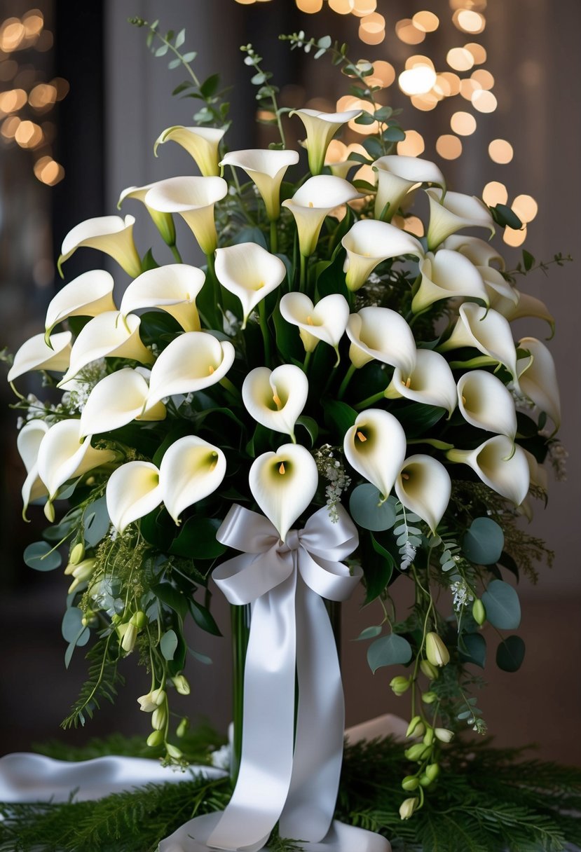 A lavish bouquet of classic white calla lilies arranged in an opulent cascade, accented with delicate greenery and tied with a luxurious silk ribbon