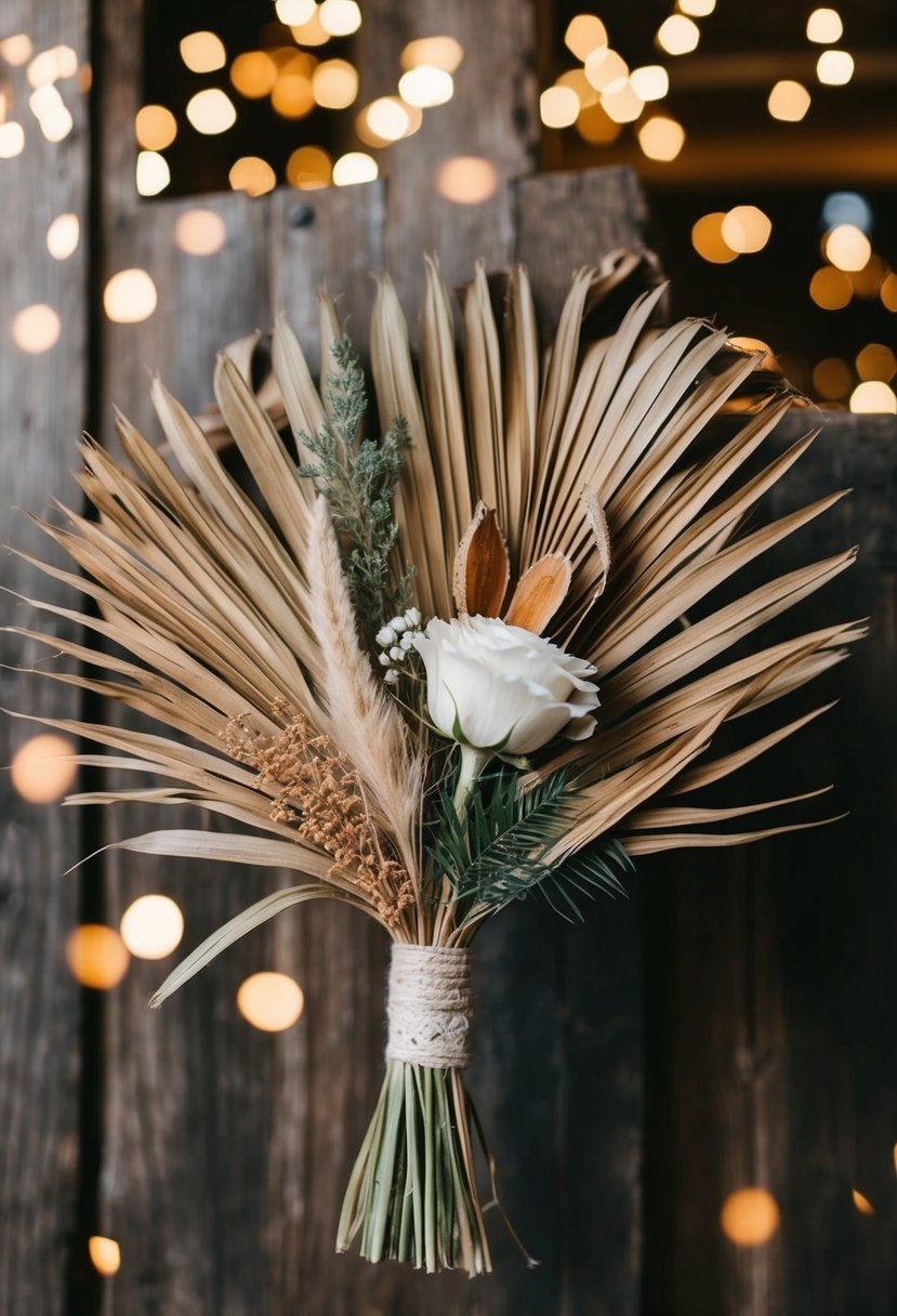 A rustic wedding bouquet featuring dried palm leaves and natural elements