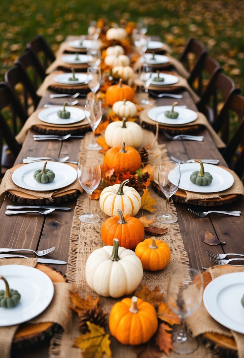 A wooden table adorned with rustic burlap linens, surrounded by autumn leaves and small pumpkins as fall wedding decor