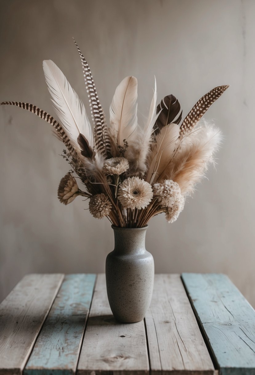 A neutral bohemian bouquet of dried flowers and feathers arranged in a rustic vase on a weathered wooden table