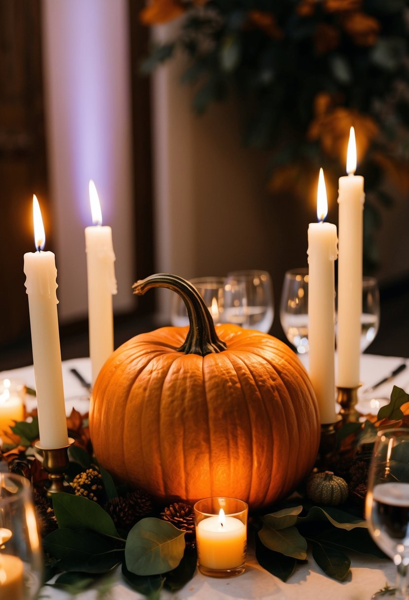 A pumpkin centerpiece with lit candles surrounded by fall foliage on a wedding reception table