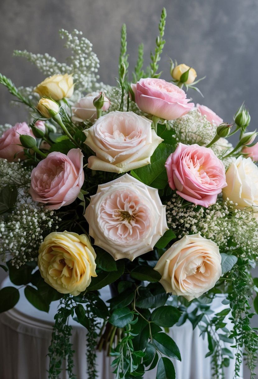 A lush bouquet of vintage garden roses in various shades of pink and cream, surrounded by cascading greenery and delicate sprigs of baby's breath