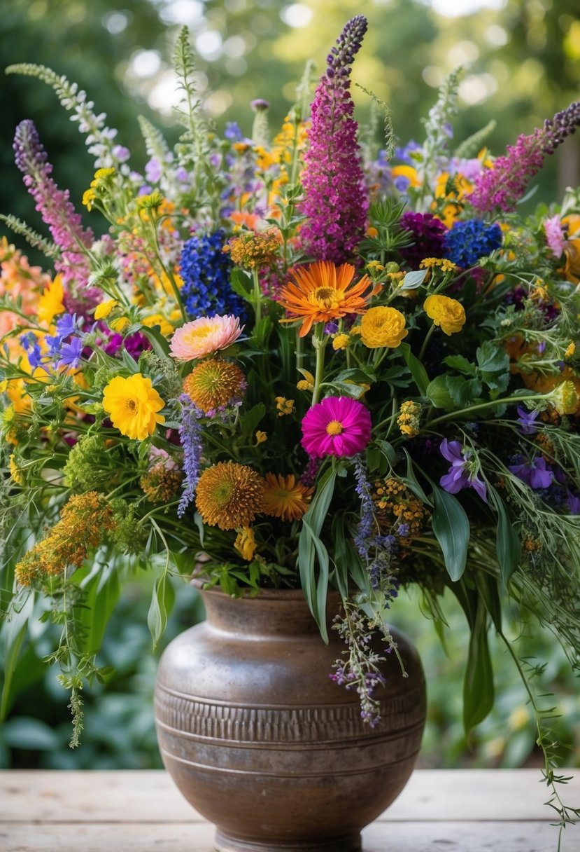 A lush, flowing bouquet of colorful wildflowers cascading from a rustic, bohemian-inspired vase