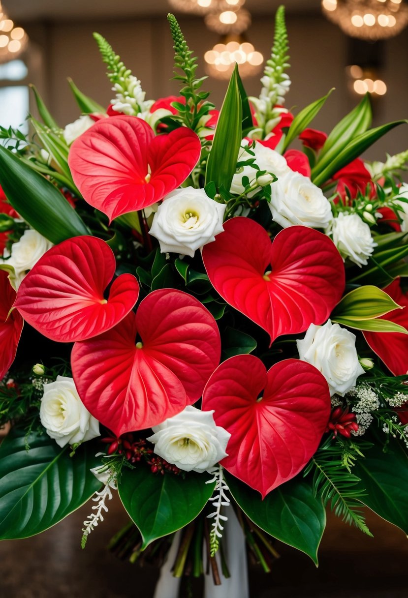 Vibrant red anthuriums mixed with lush greenery and delicate white blooms in a dramatic and extravagant wedding bouquet