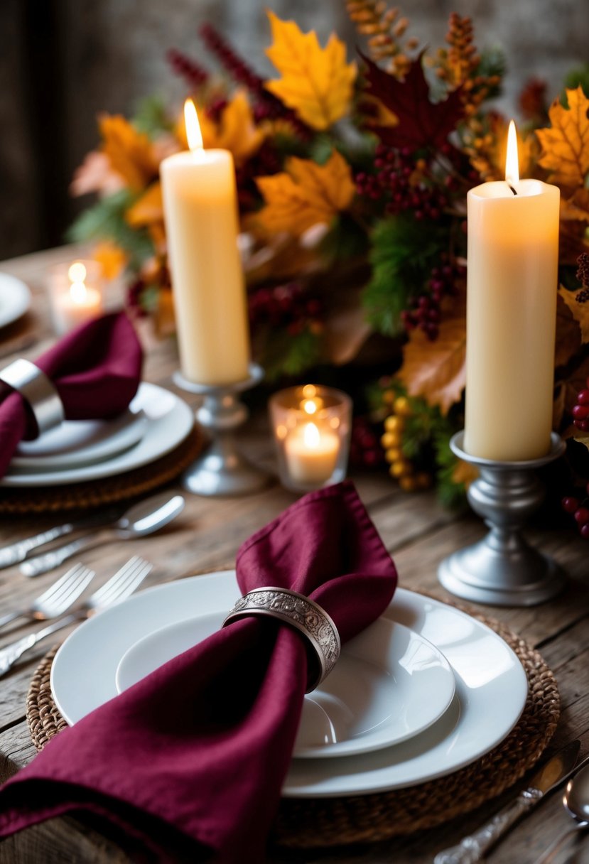 Burgundy napkin rings arranged on a rustic wooden table with autumn foliage and candlelight