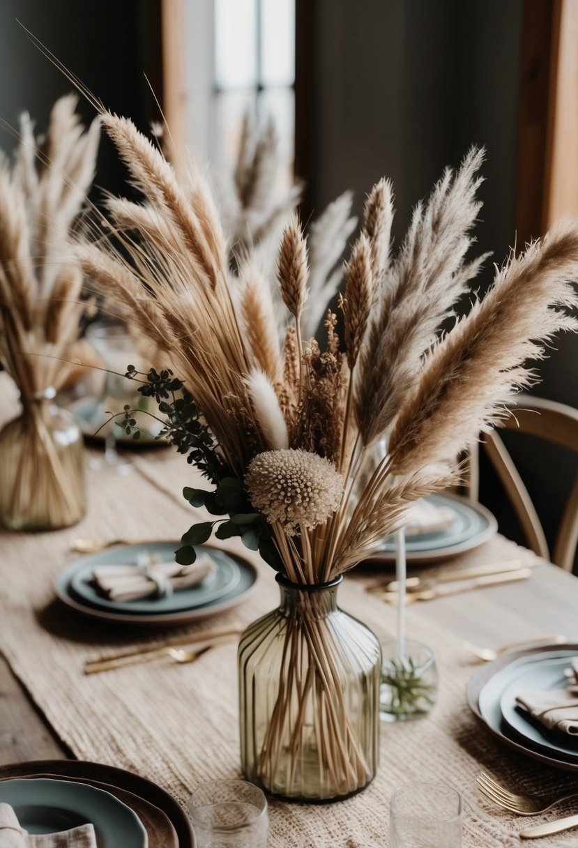 A table adorned with rustic wheat-toned bouquets, featuring dried grasses, pampas grass, and muted blooms in a bohemian setting