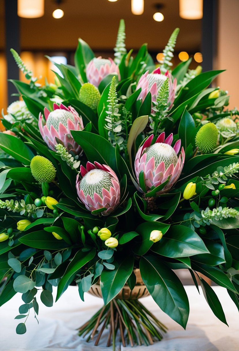 A vibrant bouquet of bold protea and lush foliage, arranged in an extravagant and eye-catching display