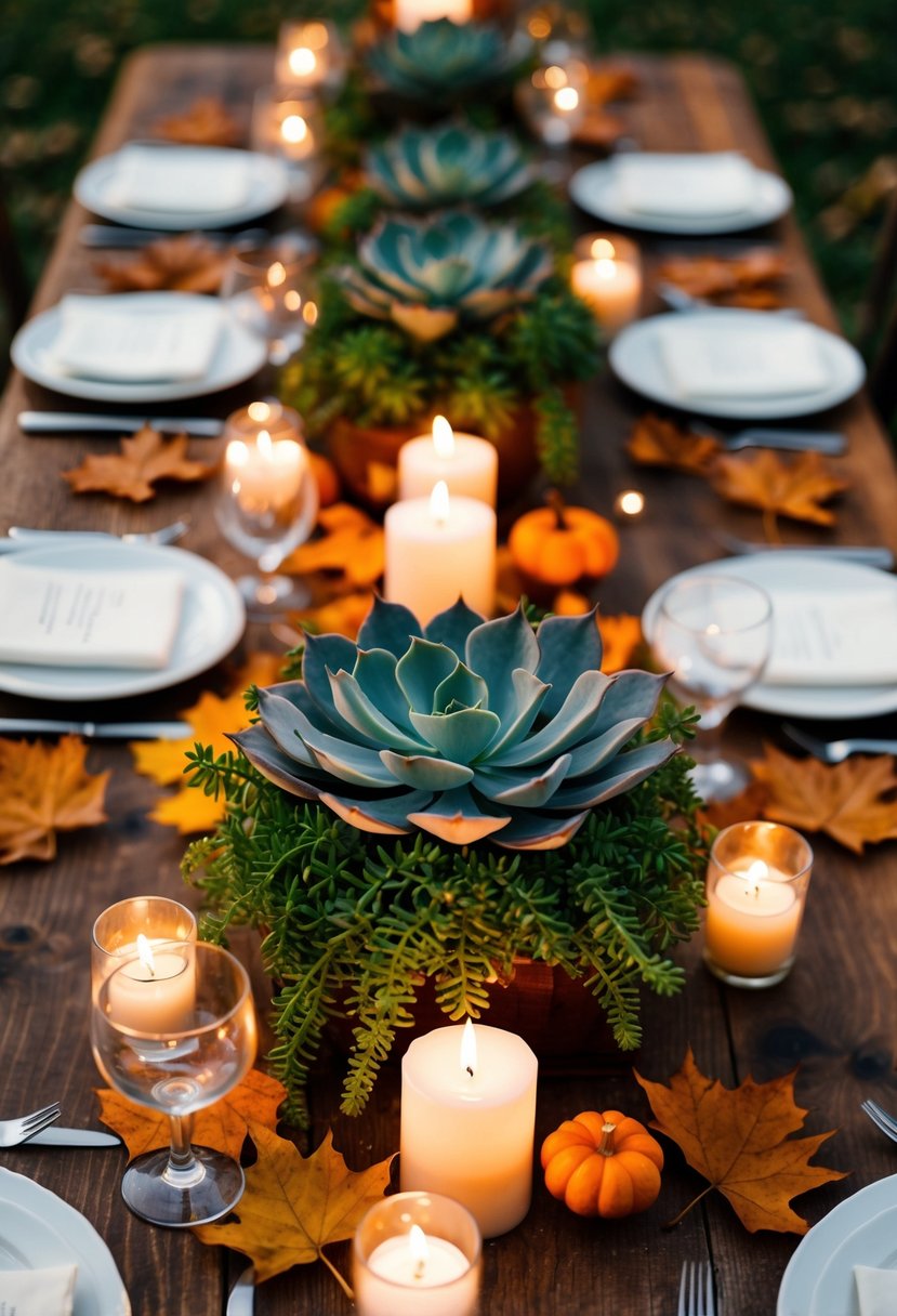 A lush succulent centerpiece adorns a rustic fall wedding table, surrounded by warm candlelight and scattered autumn leaves