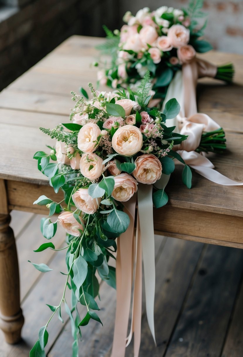 A cascading bouquet of blush and sage green flowers, tied with flowing ribbons, rests on a rustic wooden table