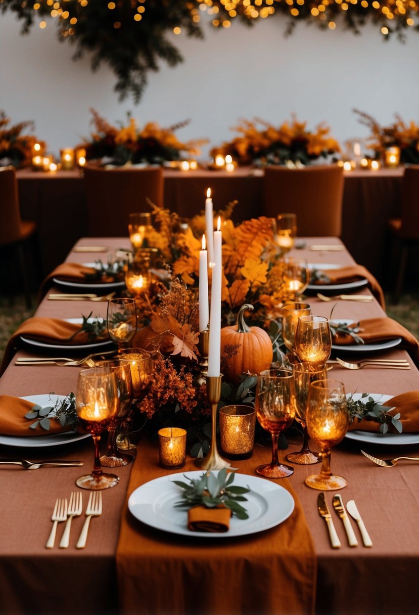 A table adorned with fiery foliage centerpieces, golden candles, and rust-colored linens, creating a warm and inviting fall wedding ambiance