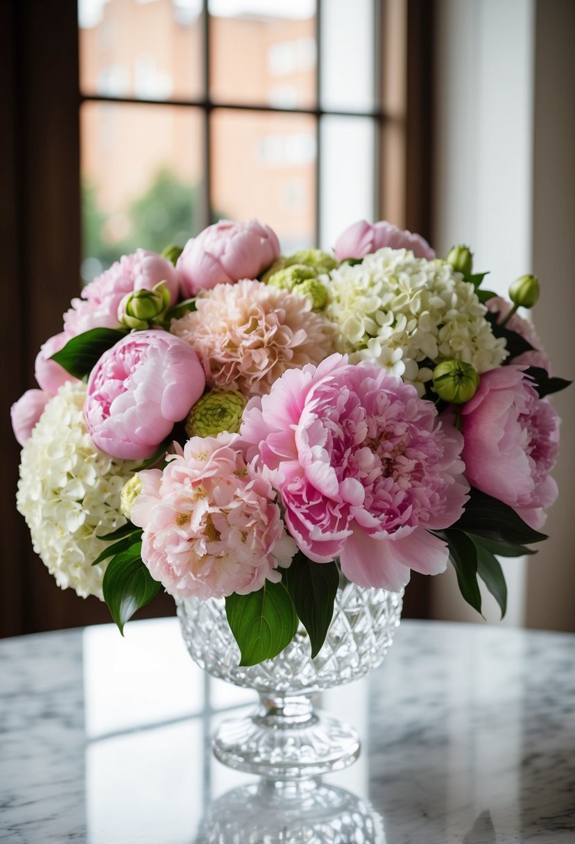 A lush bouquet of peonies and hydrangeas in a crystal vase on a marble table