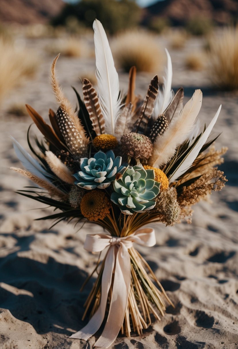 A bouquet of dried flowers, feathers, and succulents in earthy desert tones, tied with a bohemian ribbon