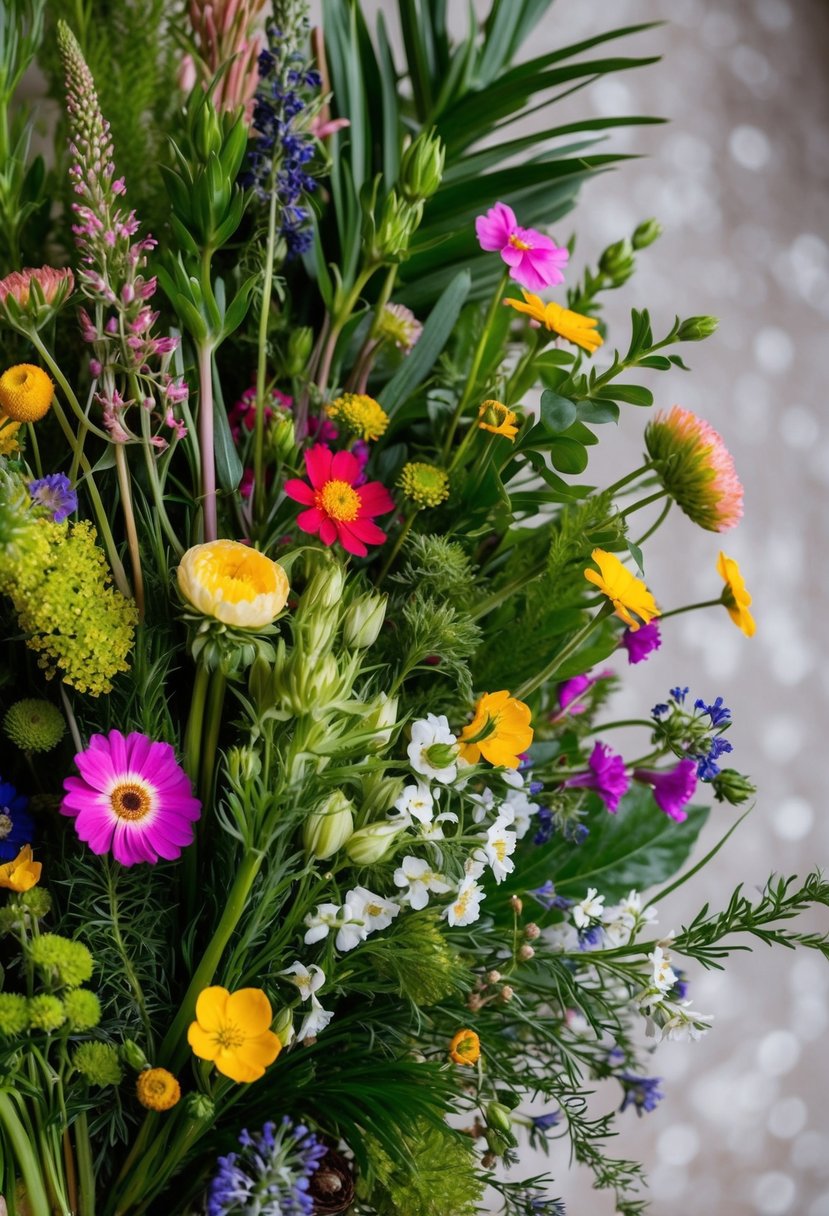 A vibrant array of wildflowers and greenery arranged in a loose, organic style, with pops of bold color and delicate blooms intertwined