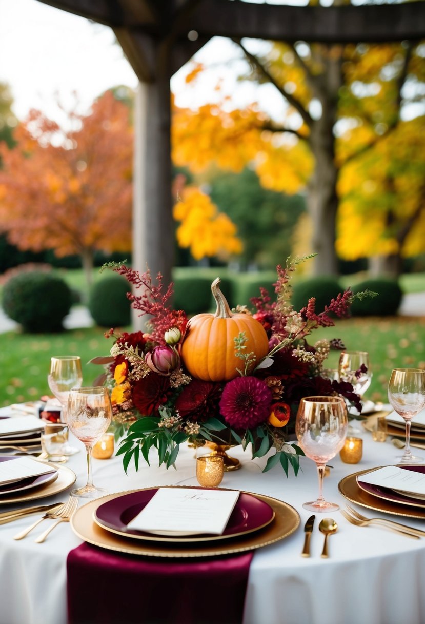 A richly decorated fall wedding table with jewel-toned accents and floral centerpieces