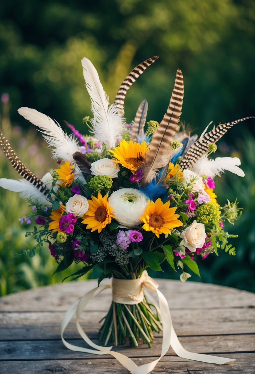 A lush bouquet of wildflowers, adorned with feathers and ribbons, sits on a rustic wooden table