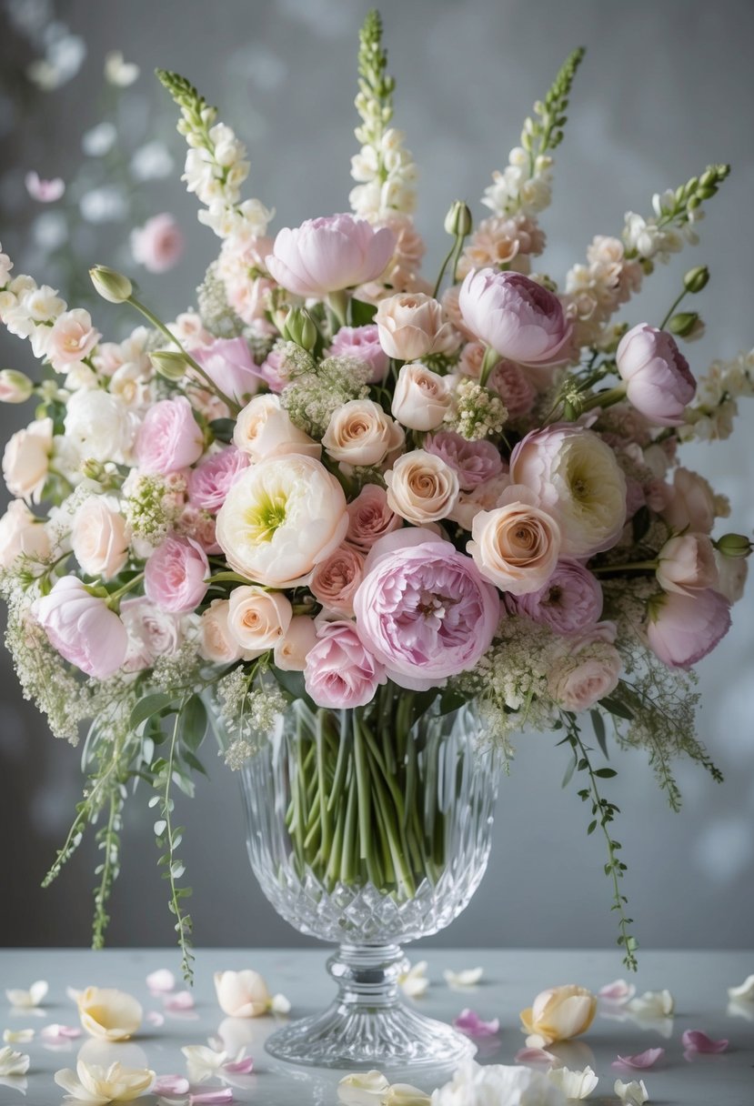 A lavish bouquet of soft pastel blooms cascades from a crystal vase, surrounded by scattered petals and delicate greenery