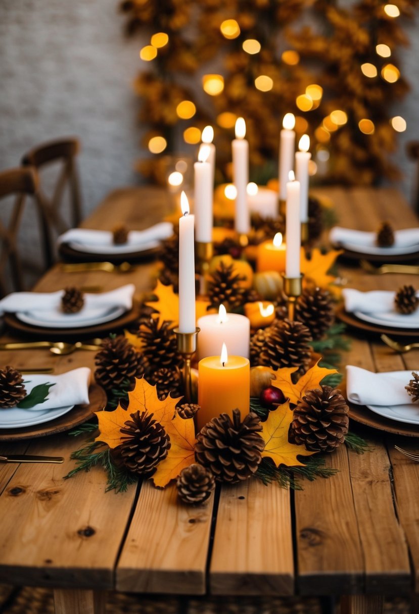 A rustic wooden table adorned with autumn leaves, pinecones, and candles, creating a cozy and elegant atmosphere for a fall wedding celebration