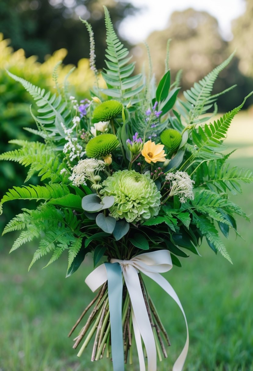 A vibrant bouquet of lush greenery and ferns, accented with delicate wildflowers, tied with flowing ribbons