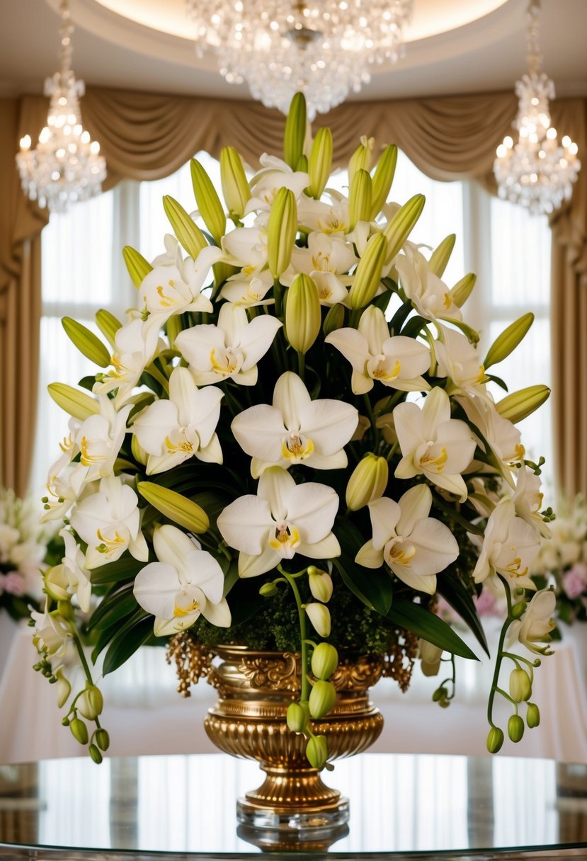 A lavish bouquet of lilies and orchids arranged in a grand and opulent manner