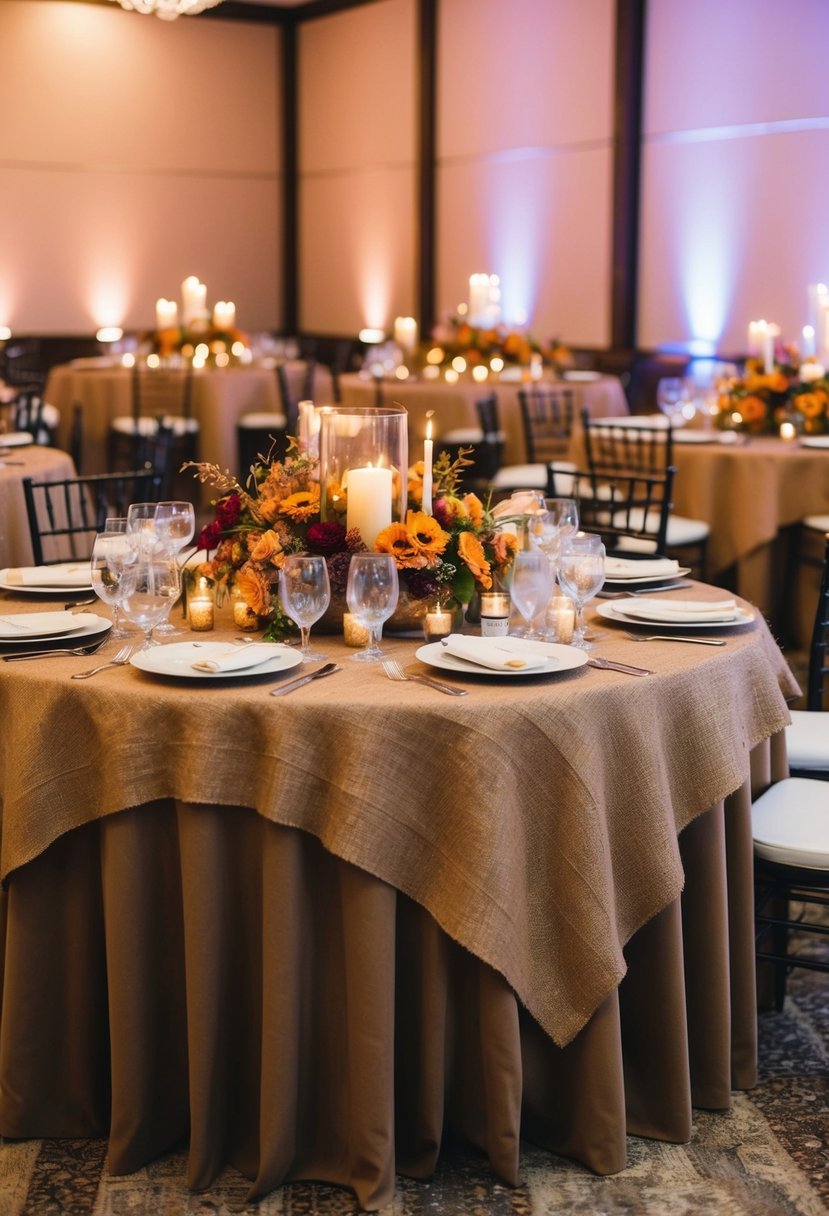 Rich, earthy burlap linens draped over reception tables, adorned with autumnal floral centerpieces and flickering candlelight