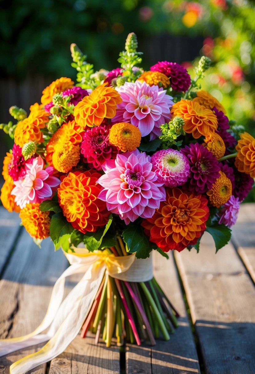 A lush, colorful bouquet of dahlias and marigolds, tied with flowing ribbons, rests on a rustic wooden table. Sunshine filters through the petals, casting a warm, romantic glow