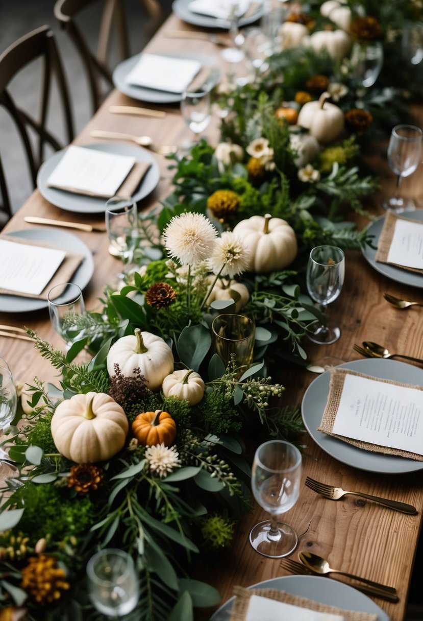 Lush greenery and earthy elements adorn a rustic wooden table, accented with delicate flowers and natural textures for an organic, fall-inspired wedding centerpiece