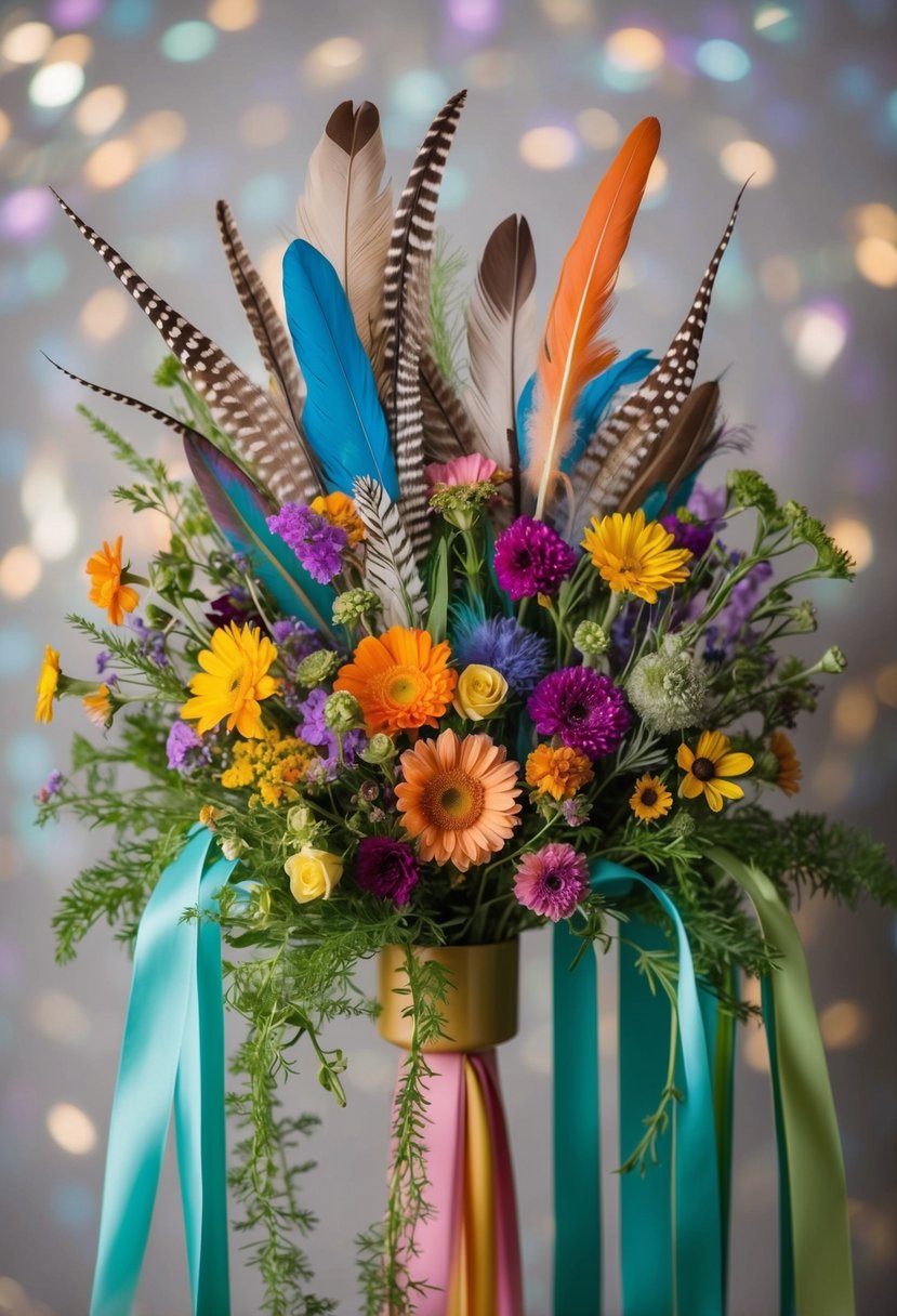 A colorful assortment of wildflowers and feathers arranged in a mismatched, free-spirited style, with flowing ribbons and greenery