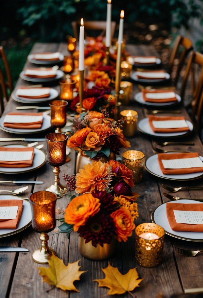 A rustic wooden table adorned with burnt orange and rust red floral centerpieces, surrounded by golden candle holders and autumn leaves