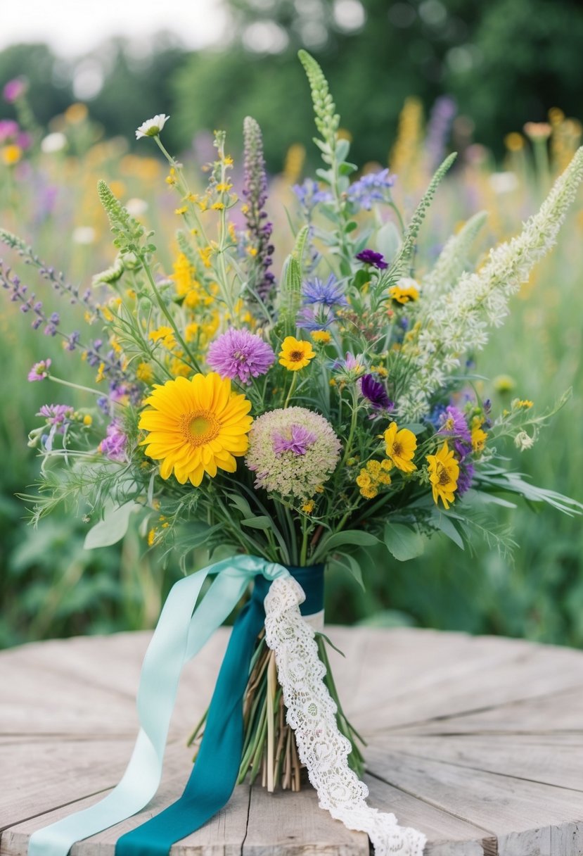 A colorful mix of wildflowers and greenery arranged in a loose, free-spirited style, tied together with flowing ribbons and lace