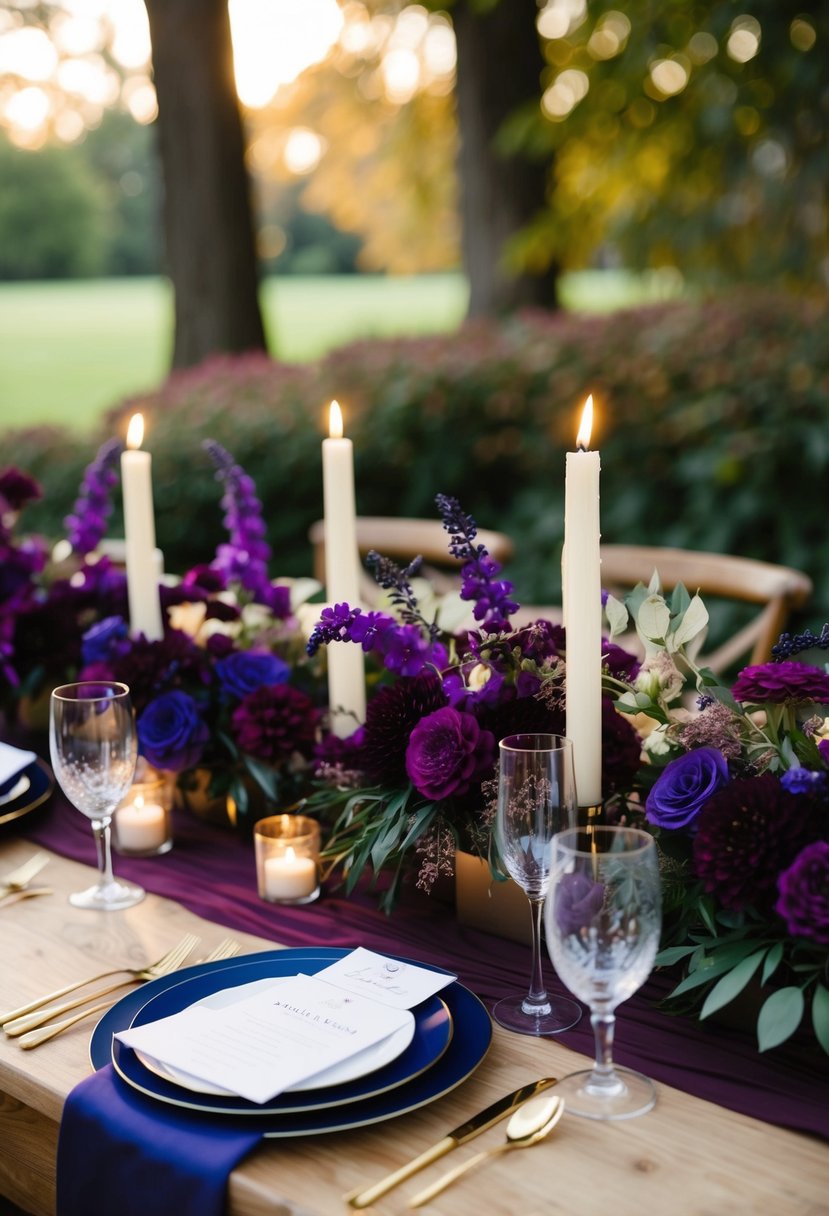 A table adorned with deep purple and rich sapphire flowers, candles, and linens, creating an elegant and romantic fall wedding ambiance