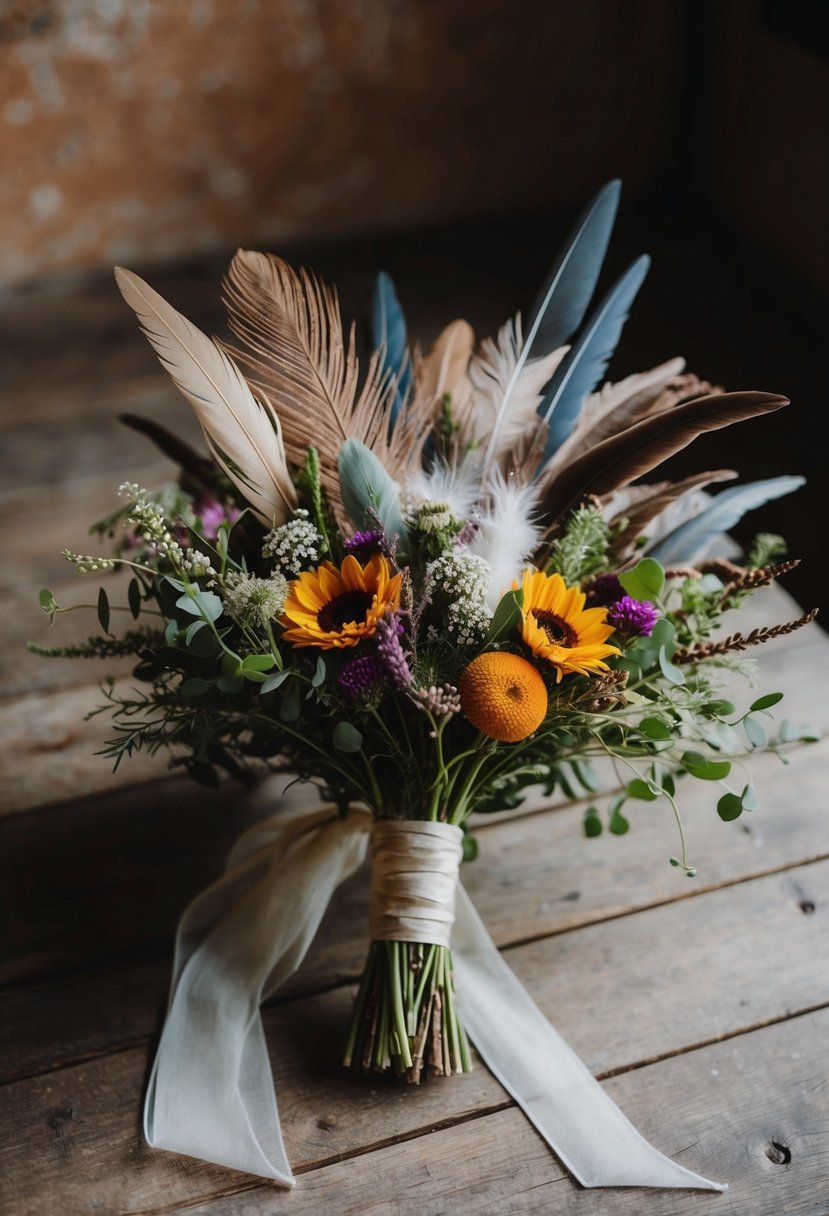 A rustic, bohemian-style wedding bouquet featuring wildflowers, feathers, and greenery, tied with a flowing ribbon